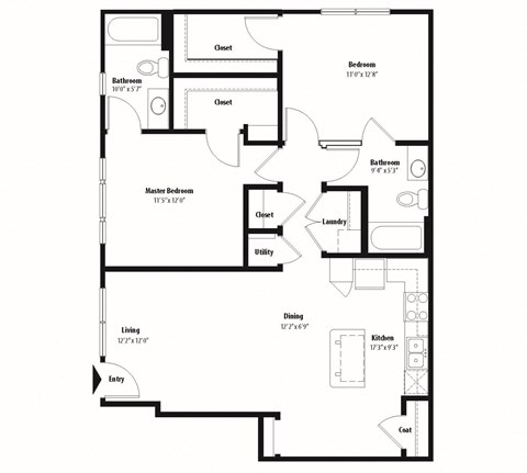 Floor plan for 2 beds, 2 baths, 1062 sqft
